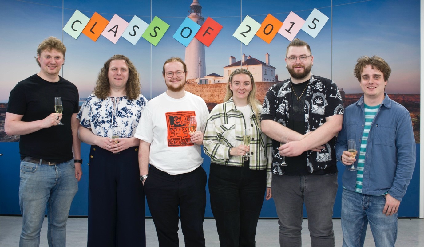 Class of 2015 – 6 students stood together, Left to right: Joe Riley, Peter Brookes-Chambers, Toby Middlebrook, Amy Neild, Luke Stocks & Christian Johnson-Richards